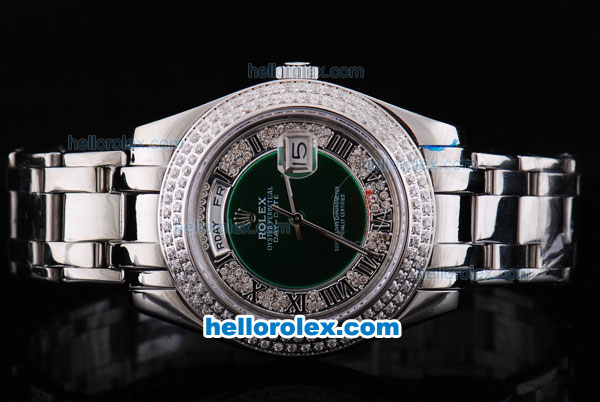 Rolex Day-Date Oyster Perpetual Automatic Full Diamond Bezel with Green and Diamond Dial,Roman Marking-Big Calendar - Click Image to Close